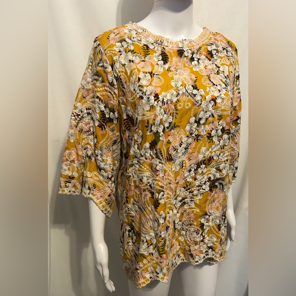 Anthropologie Solitaire L Floral Embroidered Mustard Tunic Boho Cottagecore